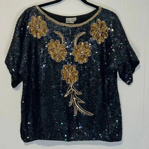 Vintage 80s Cee Cee All Over Sequin Floral Daisy Black Top E18